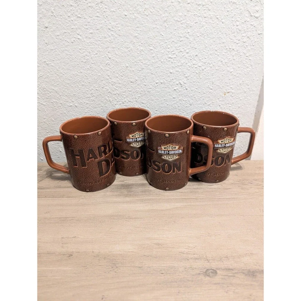 Harley Davidson Mug Lot of 3 2003 Brown 3D Embossed Faux Leather Motorcycle Vtg